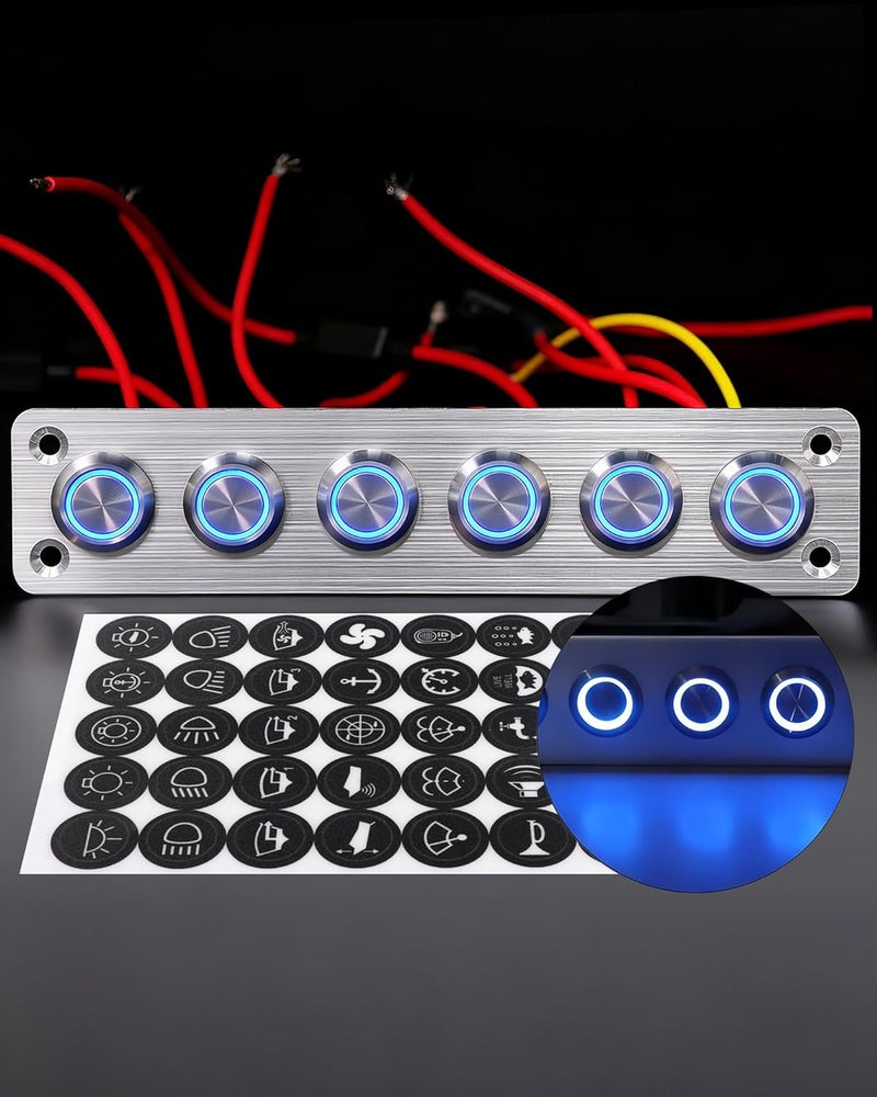 IZTOSS 6 Gang Aluminum Marine Rocker Switch Panel - Pre-Wired with Blue LED Indicator, 12-24 V Multi-Function Rocker Switch - Ideal for Marine motorhomes, Yachts - Image 1